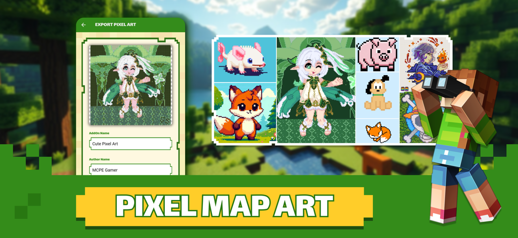 An interface showing the pixel map art creator feature for Minecraft with various cute character examples