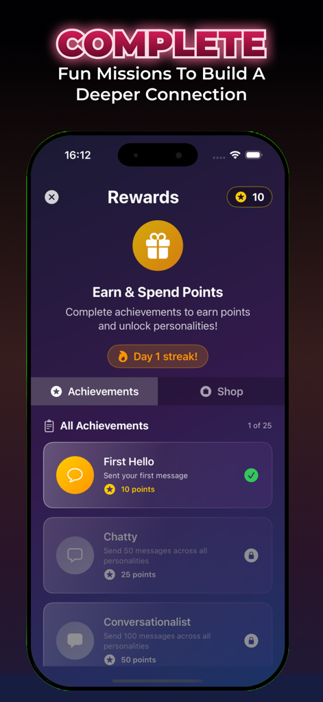 Rewards and achievements screen in the Blush AI dating app showing gamified missions to earn points and unlock personalities