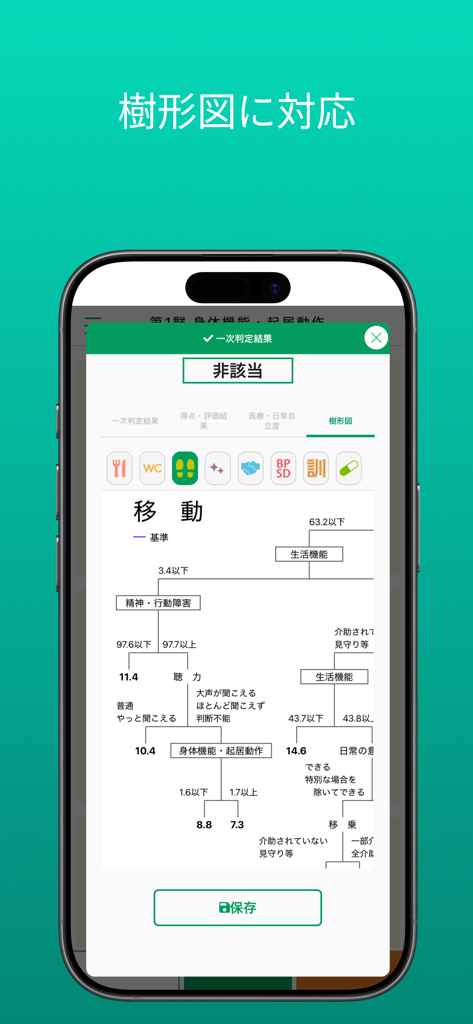 要介護認定　一次判定 - 介護認定の移動能力に関する意思決定ツリーを示すスマートフォンの画面。