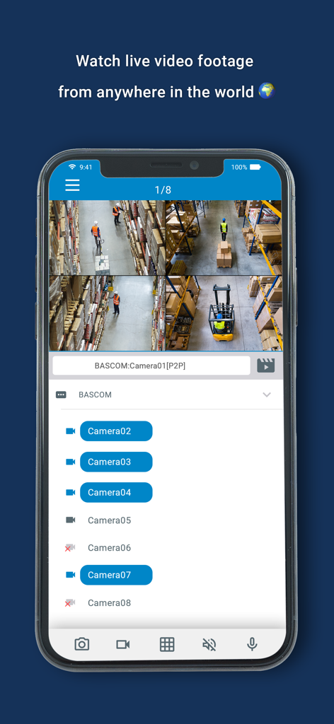 Bascom app interface displaying live surveillance footage from a warehouse on a mobile device