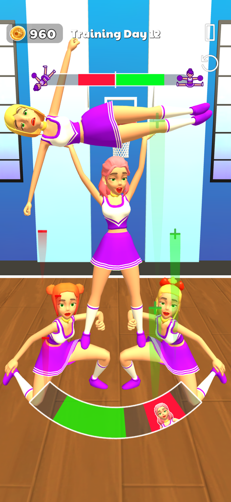Dodge The Ball 3D gameplay showing characters performing a cheerleader pyramid stunt in a training mini-game