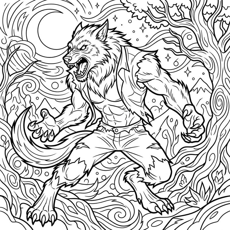Prepare for an exciting coloring adventure with this powerful werewolf design, specifically crafted for teen enthusiasts. Immerse yourself in a thrilling fantasy scene where intricate details meet monstrous might, perfect for bringing your wildest imagination to life.