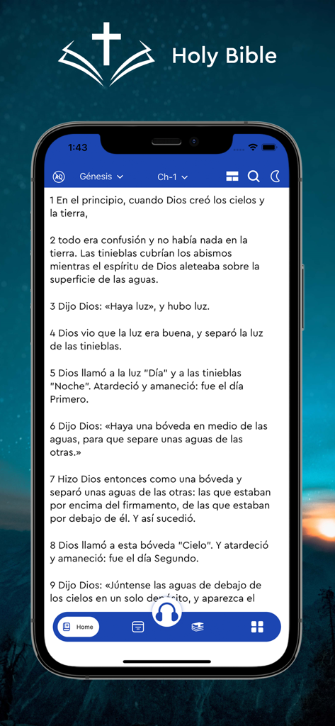 Reina Valera - The Holy Bible - Mobile phone screen showing the Spanish text of Genesis Chapter 1 in the Reina Valera Bible app
