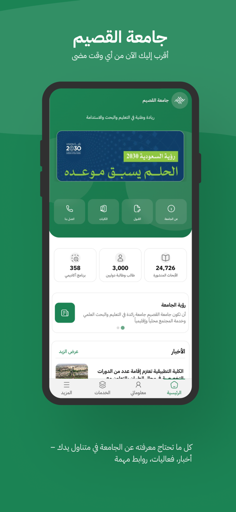 MyQU - Qassim University - Home screen of the MyQU app for Qassim University showing academic statistics and university news.