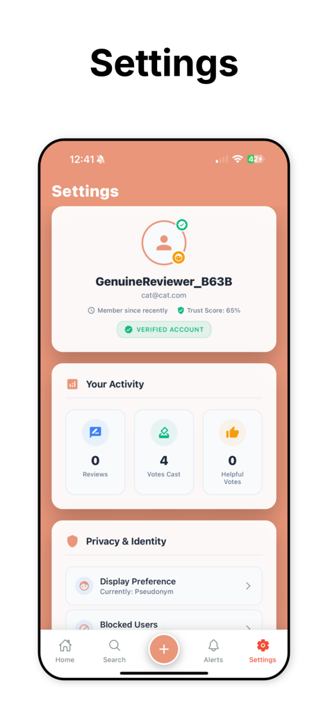 TeaOnHer app settings screen showing verified user profile trust score and privacy identity preferences