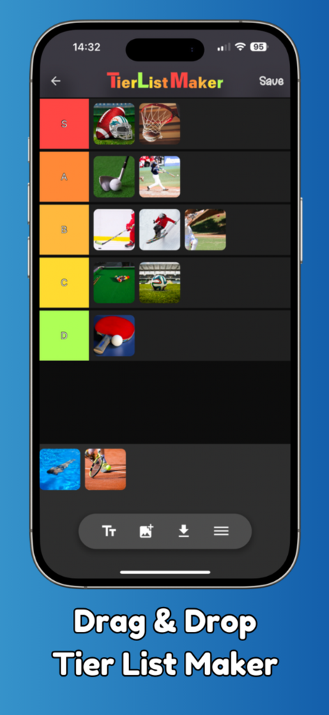 Tier List Maker - Tier Ranking - A mobile app interface displaying a sports tier list with various categories from S tier to D tier.
