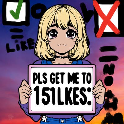 realistic girl holding up a sign that says “pls get me to 15 likes!”
