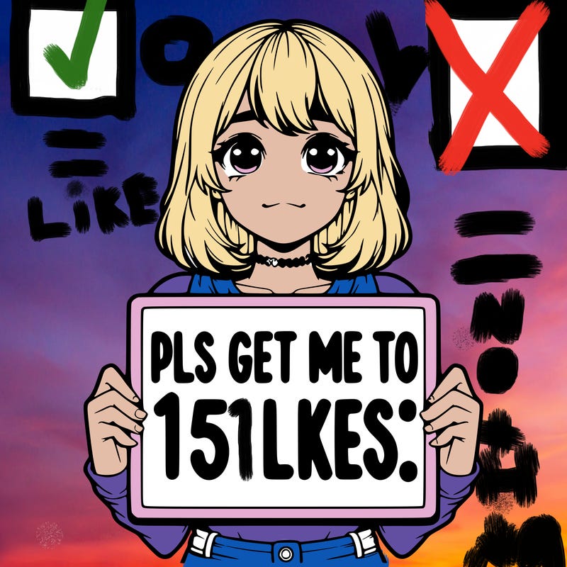 realistic girl holding up a sign that says “pls get me to 15 likes!”