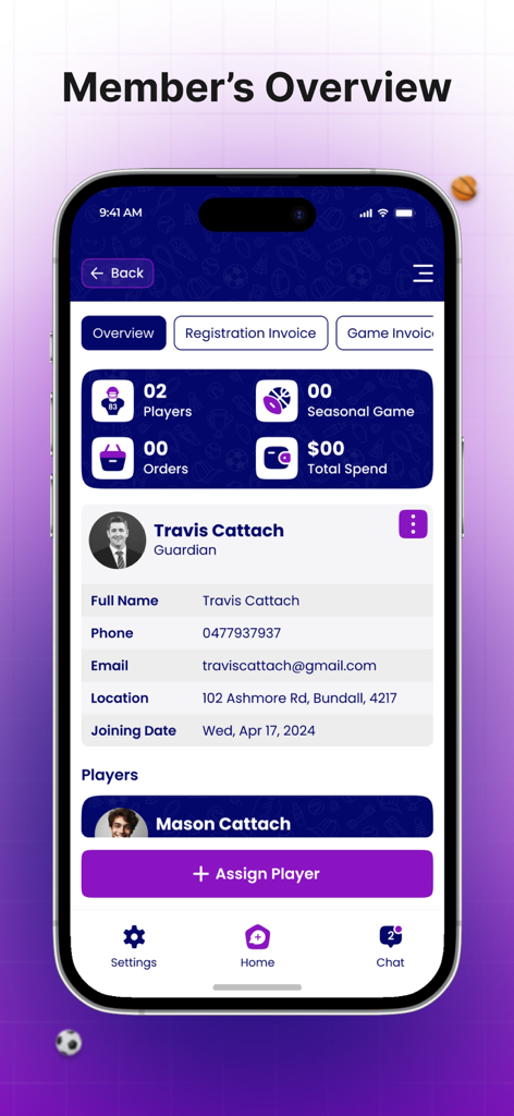 Schermata Panoramica Membri dell'app mobile SquadDeck che mostra il profilo del tutore e le statistiche sportive