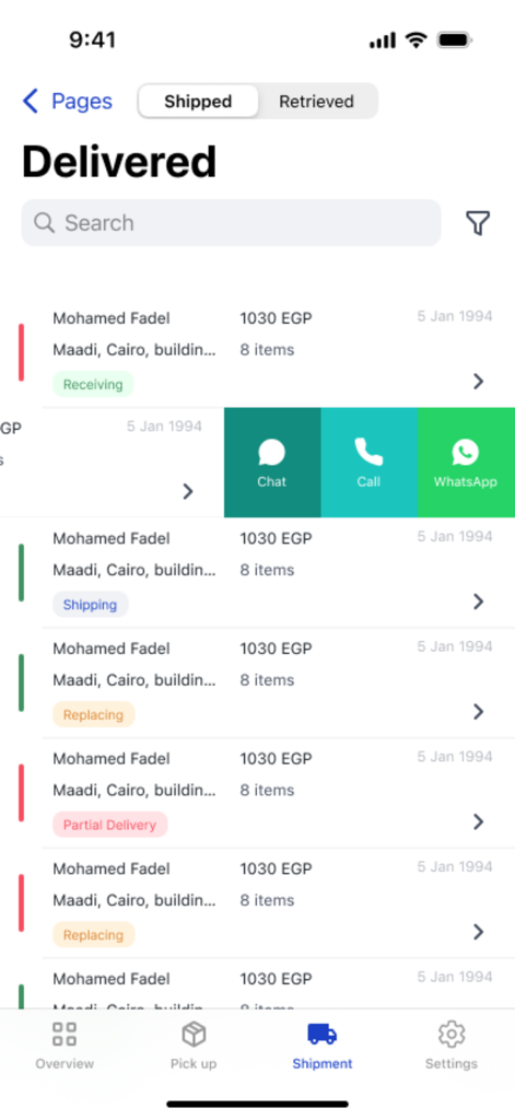TradeSync - TradeSync app shipment tracking screen showing delivered orders and courier communication options