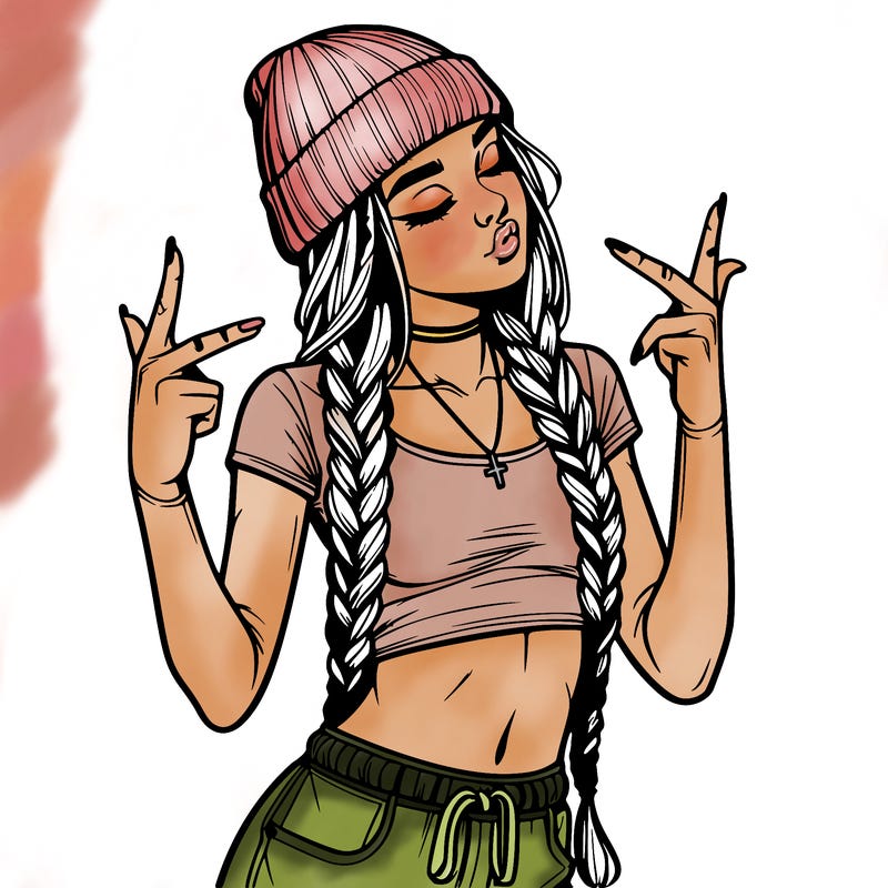 realistic teenage girl with braids and a beanie and crop top doing 🫶🏼