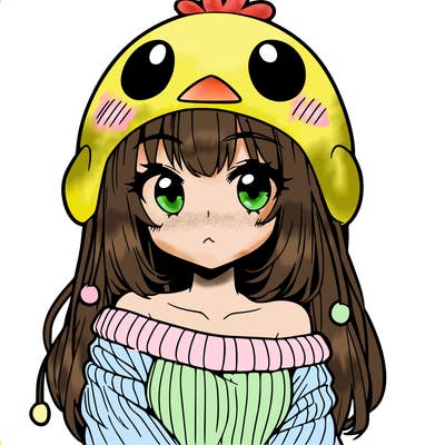 anime girl with chick shaped hat with sweater with bare shoulders with bangs covering them one eye with low tail