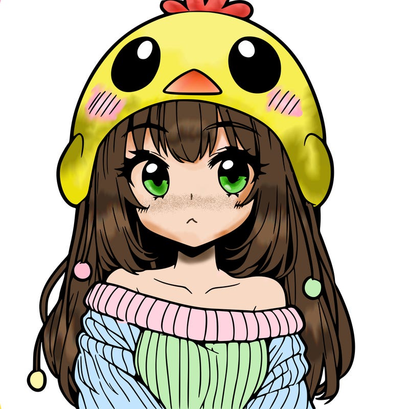 anime girl with chick shaped hat with sweater with bare shoulders with bangs covering them one eye with low tail