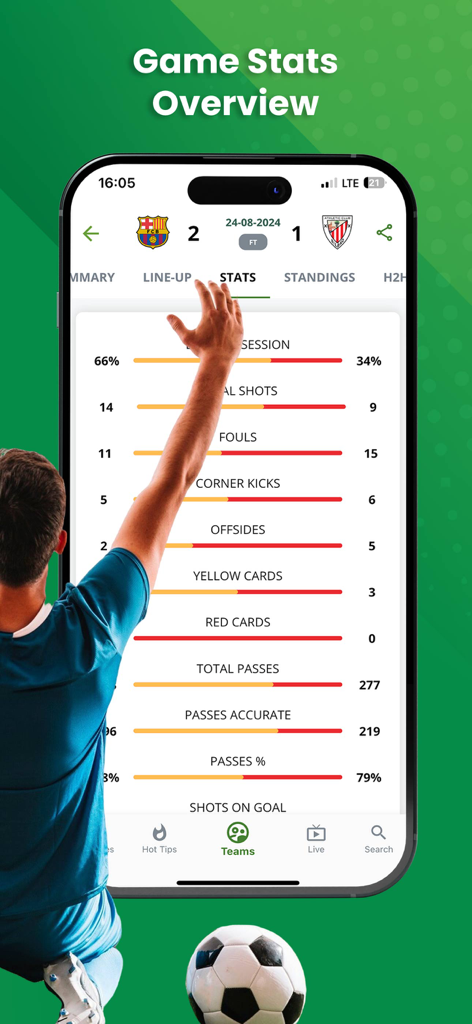Detailed game statistics overview in the Scouter soccer betting tips app showing match analytics