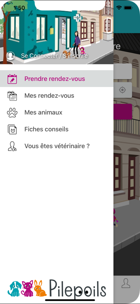 Menu principale dell'app Pilepoils che mostra le opzioni per prenotare un appuntamento veterinario, gestire gli animali domestici e visualizzare le schede di consigli sulla salute.