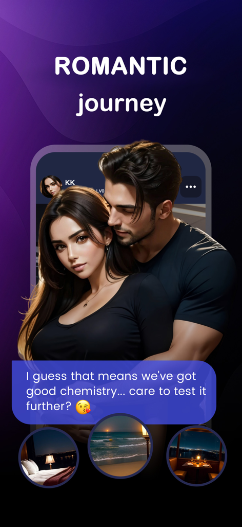 Winky AI 앱의 스크린샷에는 로맨틱한 커플 이미지와 로맨틱한 채팅 메시지가 포함된 '로맨틱 여정' 텍스트가 표시됩니다.