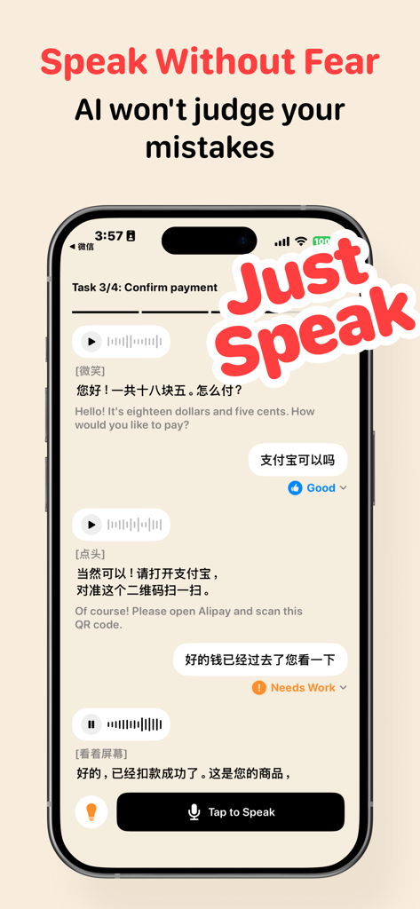 Talk Chinese - Get Fluent - Mobile app interface showing an AI Chinese tutor conducting a payment scenario conversation with pronunciation feedback.