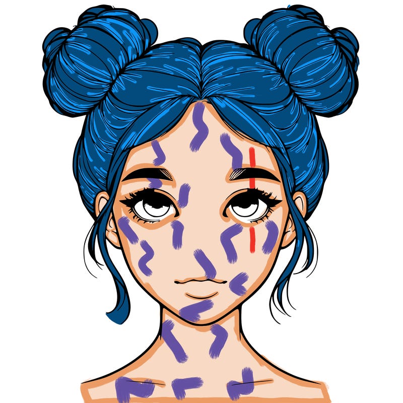 realistic girl with two buns on top of her head