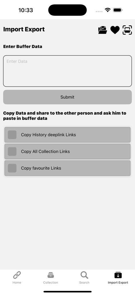 The Import Export screen of the Deeplink tester app showing options to enter data and copy history or collection links.