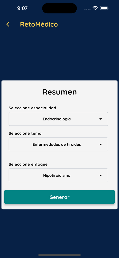 RetoMedico - La pantalla de generación de resúmenes en la aplicación RetoMedico con menús desplegables para especialidad médica y tema