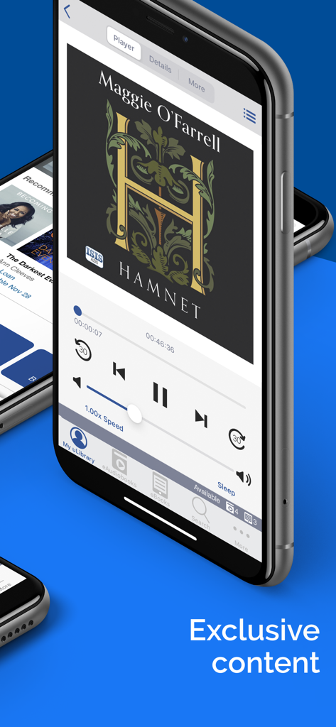 uLIBRARY - uLIBRARY app interface showing an eAudiobook player with playback controls and the book Hamnet by Maggie O'Farrell