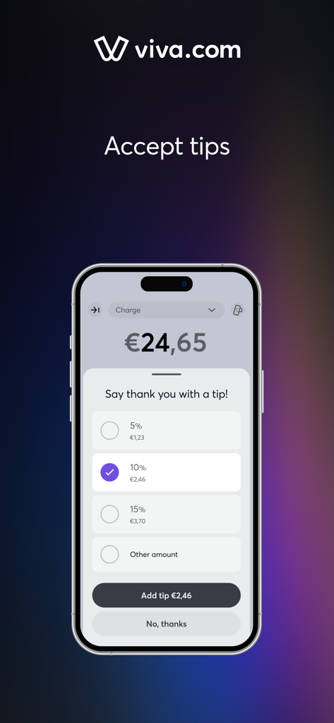 viva.com Terminal - iPhone screen of viva.com Terminal app showing a checkout interface with various tipping percentage options for customers