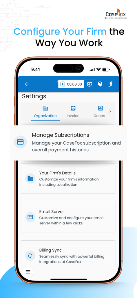 CaseFox - Interfaz de la aplicación CaseFox que muestra la configuración de la firma legal, incluidos detalles de la organización, servidor de correo electrónico y opciones de sincronización de facturación.