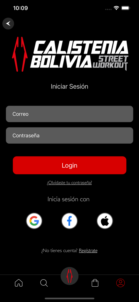 Calistenia Company - Pantalla de inicio de sesión para la aplicación móvil Calistenia Company con opciones de inicio de sesión social y campos de entrada de correo electrónico.