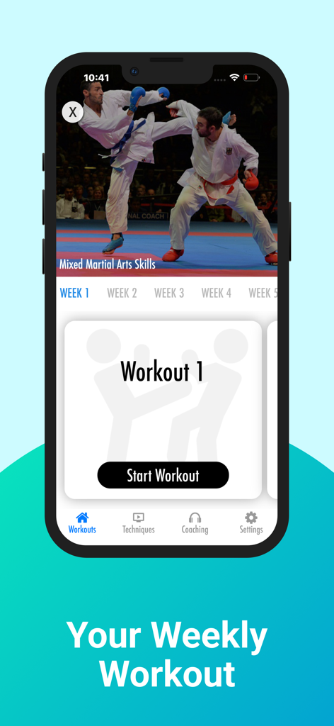 Interface smartphone de l'application MMA (arts martiaux mixtes) affichant le programme d'entraînement hebdomadaire