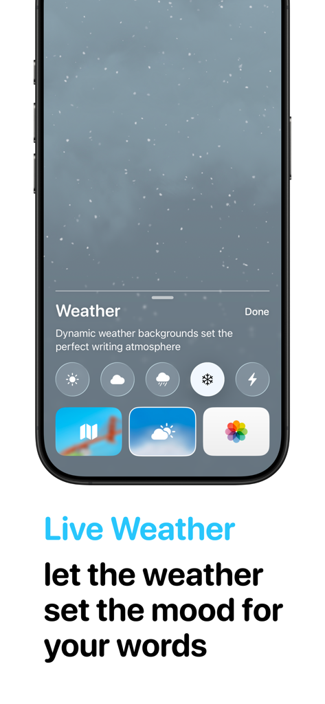Ben Journal Digital Diary - Pantalla de la aplicación Ben Journal que muestra fondos meteorológicos dinámicos para establecer el estado de ánimo al escribir