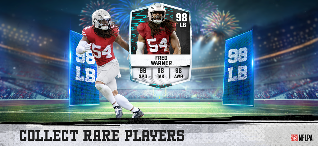 Football Head Coach 26 - FHC - Banner promocional de Football Head Coach 26 con una carta rara del jugador Fred Warner y el texto Colecciona Jugadores Raros.