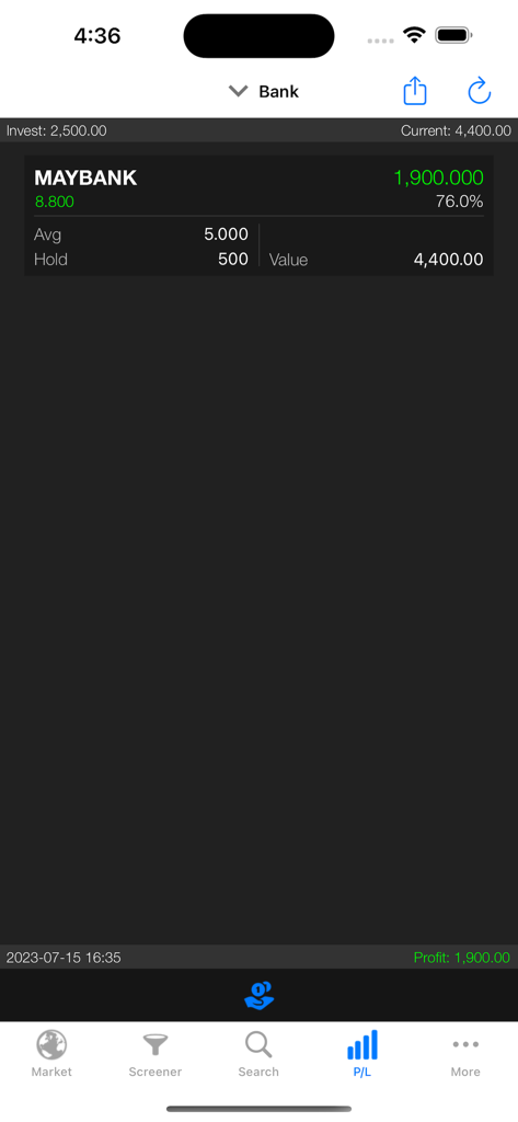 KLSE Screener - KLSE Screener app interface showing stock portfolio profit and loss metrics.