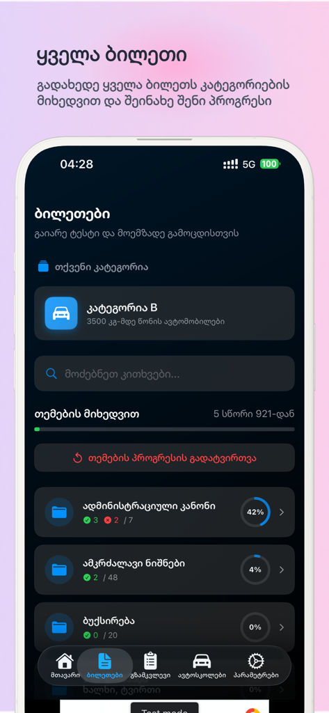 DriveX - Driver's License Exam - Dashboard dell'app DriveX che mostra le categorie dell'esame teorico di guida e cerchi di monitoraggio dei progressi.
