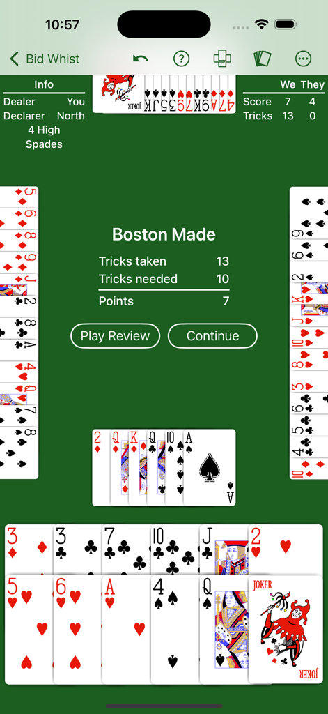Bid Whist - Expert AI - A Bid Whist game screen showing a Boston Made result and thirteen tricks taken.