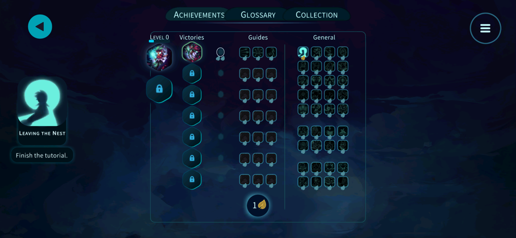Oaken - Achievements screen in the game Oaken showing various unlocked and locked progress icons with categories for victories and guides.
