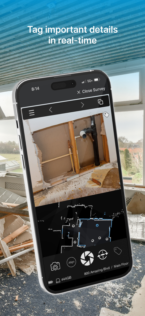 iGUIDE PLANIX app interface showing real-time tagging of plumbing details during a property survey