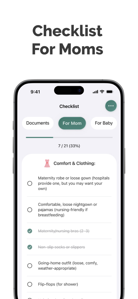 Hospital bag checklist for moms in the Contraction Timer and Tracker app