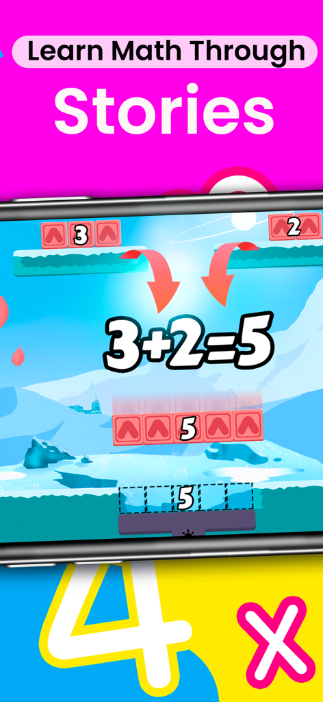 Monster Math : Kids Fun Games - Kids educational game showing a visual addition math problem three plus two equals five
