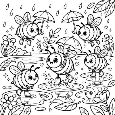 Let your little one explore a delightful rainy day adventure with these cheerful bees, perfectly designed for tiny hands. This easy-to-color page helps toddlers develop fine motor skills while enjoying a sweet scene.