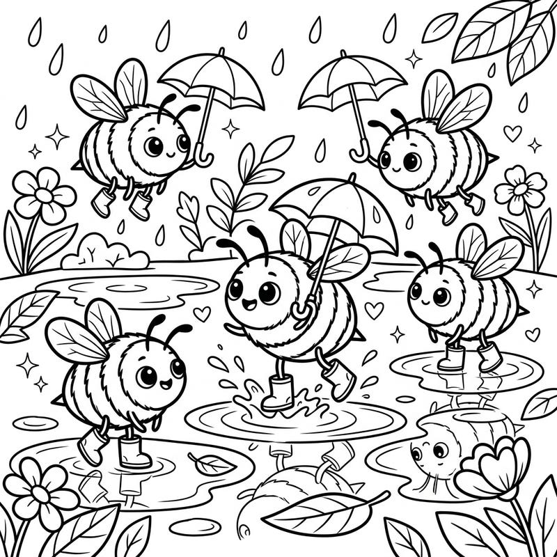 Let your little one explore a delightful rainy day adventure with these cheerful bees, perfectly designed for tiny hands. This easy-to-color page helps toddlers develop fine motor skills while enjoying a sweet scene.