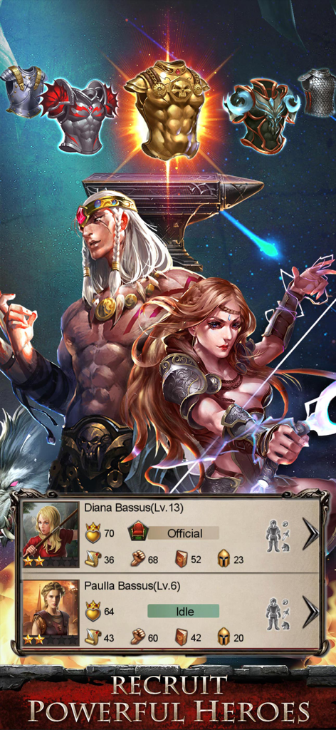 Empire War: Age of Hero - Hero recruitment interface with character stats and legendary armor in Empire War