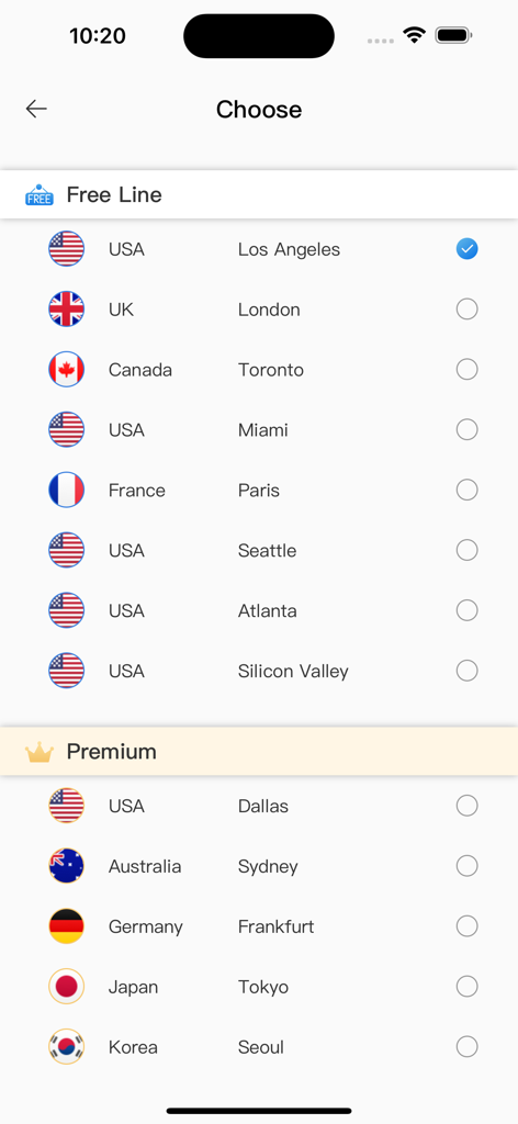 Interfaz de la aplicación Fool VPN mostrando una lista de ubicaciones de servidores gratuitas y premium, incluyendo EE. UU., Reino Unido y Canadá