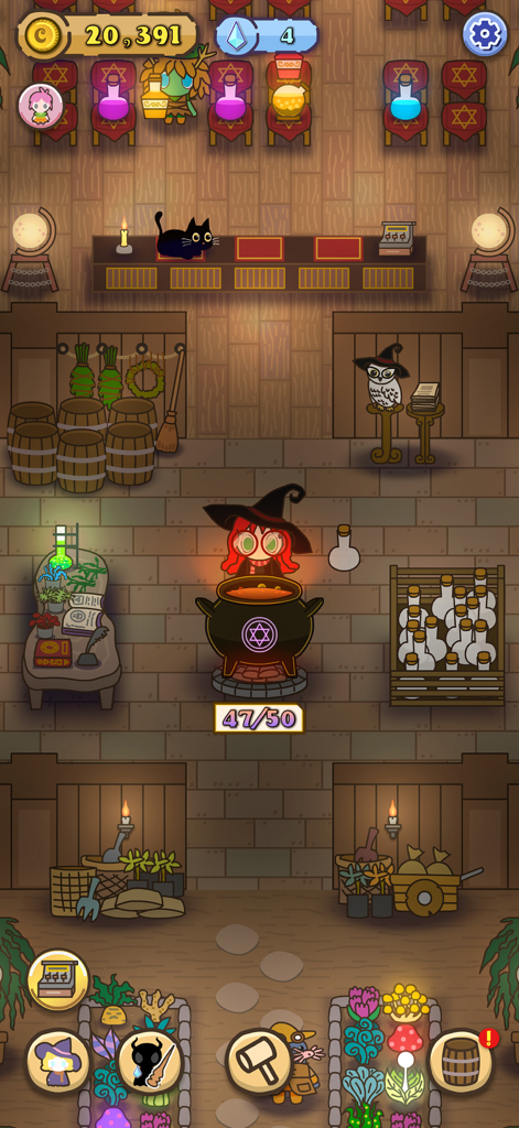 Witch's Potion Shop - A little witch brewing a magical potion in a cauldron inside her cozy potion shop