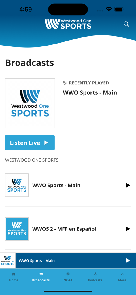 Westwood One Sports app interface showing a list of live sports broadcasts and a listen live button.