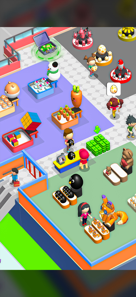 My Toy Store Empire - A colorful isometric view of a busy toy store with customers shopping for stuffed animals and penguins.