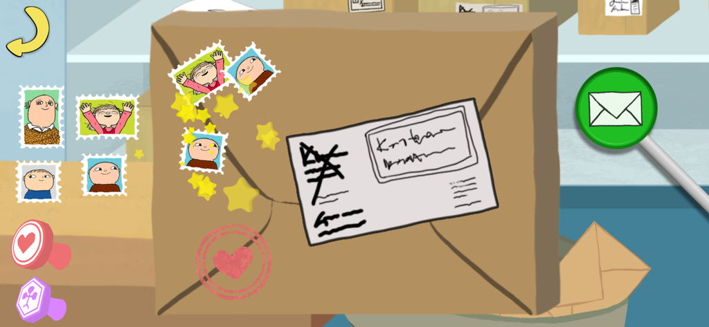 A mail sorting mini game featuring Alfie Atkins characters on stamps and a brown envelope