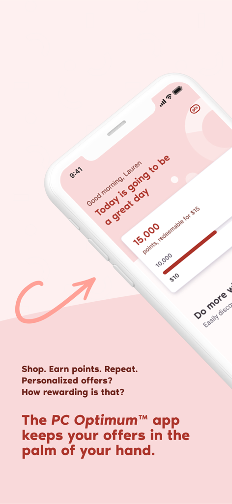 PC Optimum mobile app interface displaying points balance and rewards progress