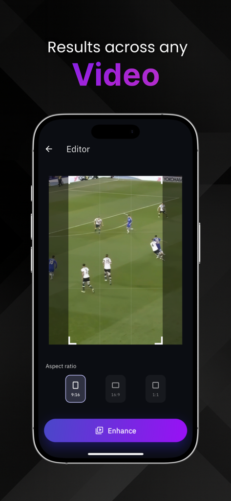 Velox app editor interface showing aspect ratio selection and enhance button for a sports video clip.