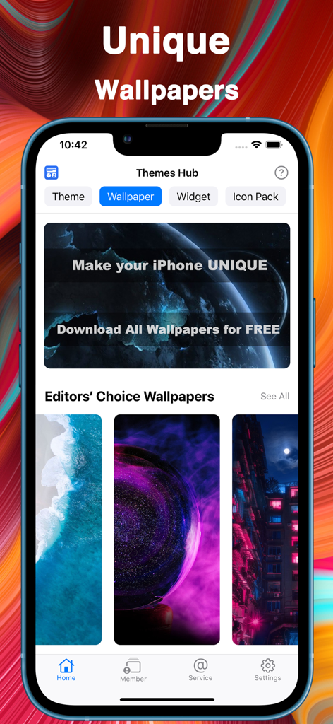 Themery 앱 인터페이스, 아이폰 맞춤 설정을 위한 독특하고 전문적인 배경화면 컬렉션 표시
