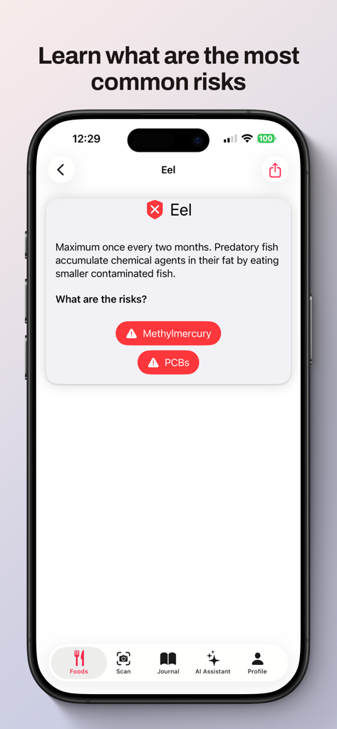MomEats - Pregnancy Food Safe - A detailed safety card for eel in the MomEats app explaining mercury and PCB risks during pregnancy.